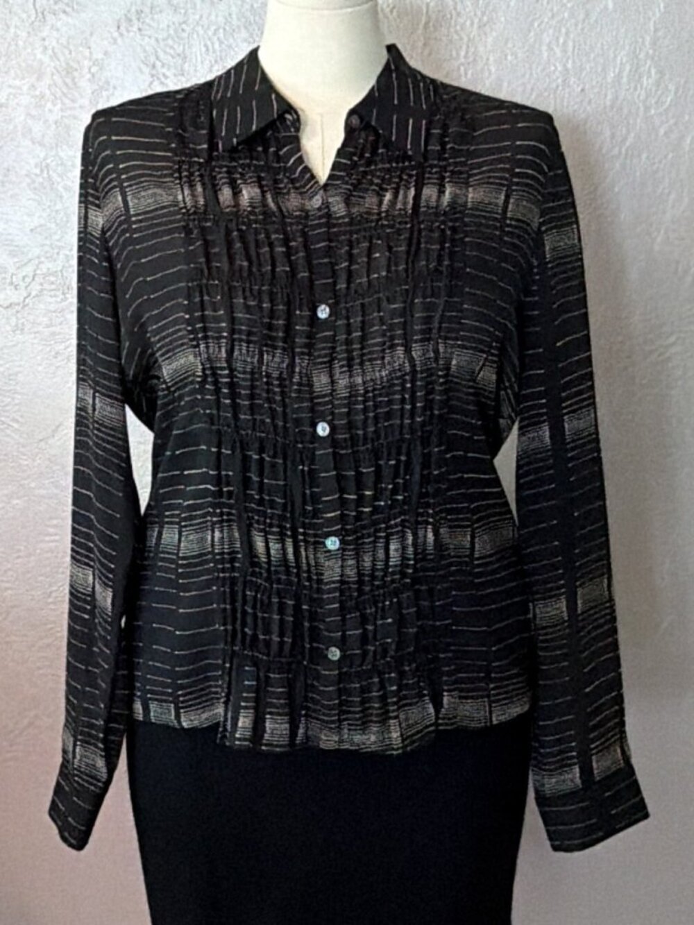 Liz Claiborne Collection Sheer Black Tuxedo Pleated Button Down Blouse Size 14